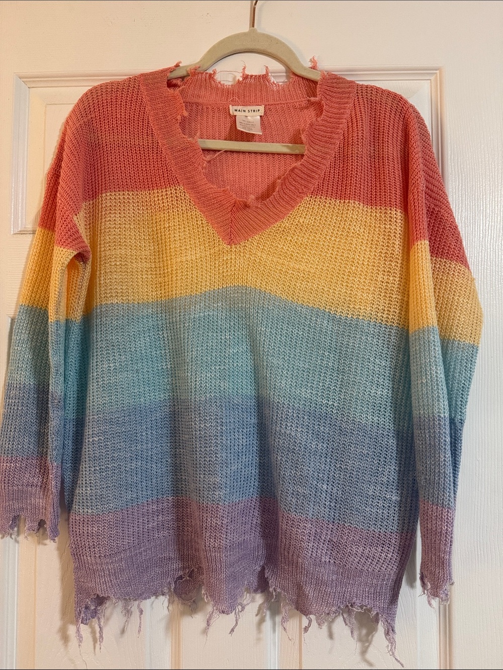 Main Strip Women's Distressed Rainbow Stripe V-Neck Spring/Summer Top